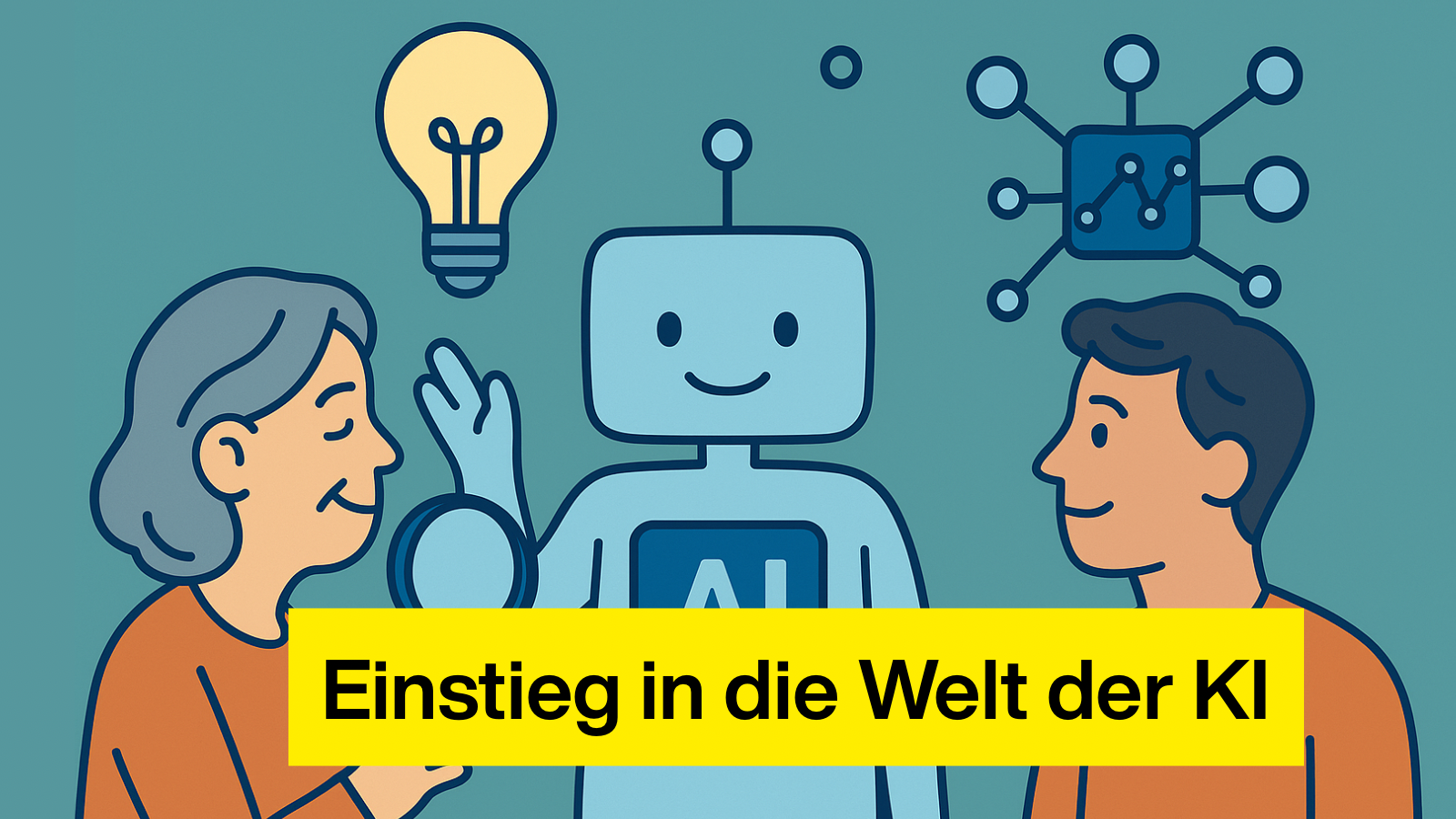 Illustration: Zwei stilisierte Personen stehen einander gegenüber. Zwischen ihnen befinden sich Symbole für künstliche Intelligenz – ein Gehirn, Zahnräder, Datenwolken und ein Monitor mit einem Gesicht. Die Farben sind in Blau- und Rottönen gehalten, der Hintergrund ist weiß.