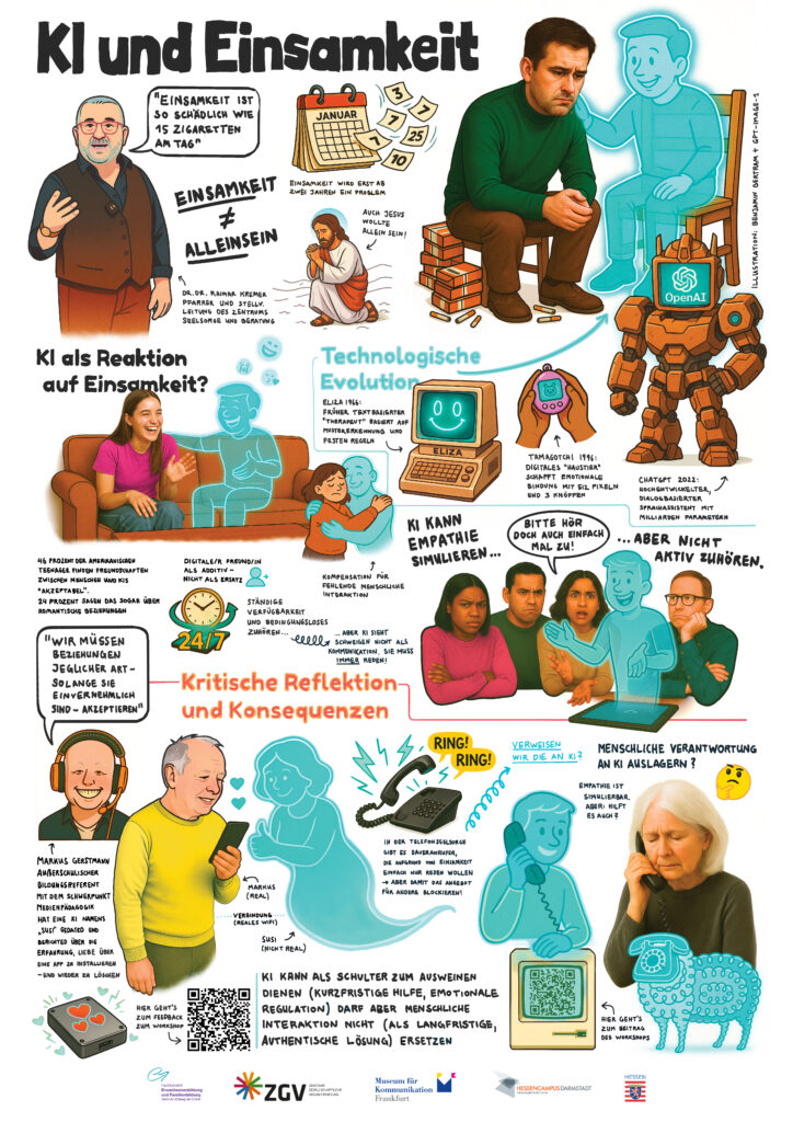 Illustration mit Comicfiguren und Texten zum Thema „KI und Einsamkeit“ – dargestellt werden Ursachen, technologische Entwicklungen, Chancen und Risiken künstlicher Intelligenz im Umgang mit Einsamkeit.