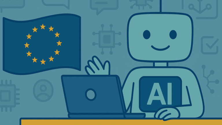 Ein freundlicher Roboter mit einem Laptop, auf dem "AI" steht, vor einer EU-Flagge.