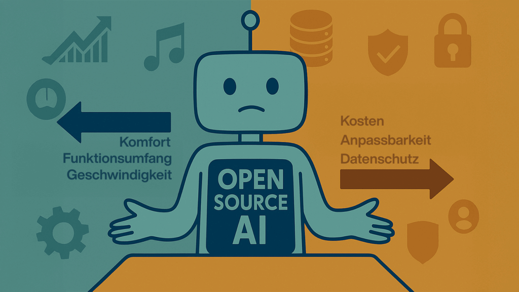 Eine stilisierte Roboterfigur mit dem Schriftzug „Open Source AI“ steht zwischen zwei farblich getrennten Bereichen, die Vor- und Nachteile gegenüberstellen.