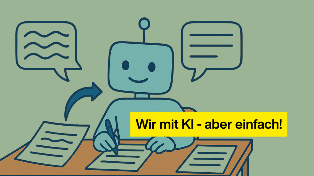 Gezeichneter Roboter sitzt an einem Schreibtisch, schreibt auf Papier und wird von Sprechblasen umgeben; gelbes Textfeld mit „Wir mit KI – aber einfach!“.