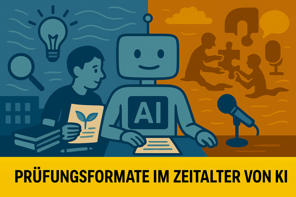 Das Bild zeigt einen Roboter in der Mitte, der zusammen mit einer Person am Tisch sitzt. Links sieht man Symbole wie eine Lupe, eine Glühbirne, Bücher und ein Blatt mit einer Pflanze – sie stehen für Lernen, Denken und Wissen. Rechts setzen mehrere Personen ein Puzzle zusammen, daneben sind ein Fragezeichen und ein Mikrofon zu sehen – sie stehen für gemeinsames Arbeiten, Gespräche und mündliche Prüfungen. Unten im gelben Balken steht der Titel: „Prüfungsformate im Zeitalter von KI“.