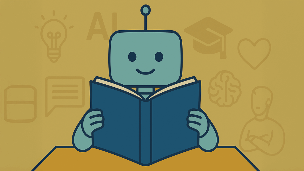 Ein stilisierter Roboter sitzt an einem Tisch und hält ein aufgeschlagenes Buch vor sich.