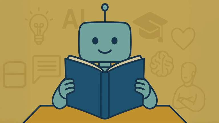 Ein stilisierter Roboter sitzt an einem Tisch und hält ein aufgeschlagenes Buch vor sich.