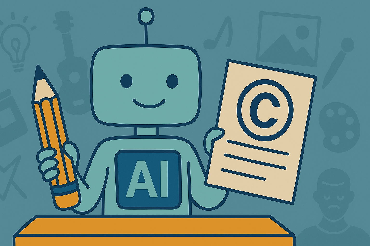 Stilisierter Roboter mit „AI“-Aufdruck hält einen Bleistift in der einen und ein Papier mit Copyright-Symbol in der anderen Hand.