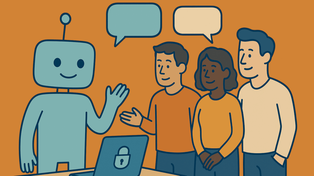 Ein freundlicher Roboter mit Laptop erklärt drei lächelnden Personen etwas. Über ihnen schweben zwei leere Sprechblasen auf orangefarbenem Hintergrund.