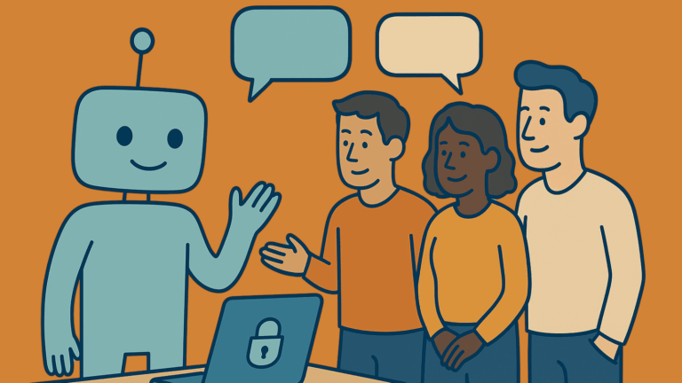 Ein freundlicher Roboter mit Laptop erklärt drei lächelnden Personen etwas. Über ihnen schweben zwei leere Sprechblasen auf orangefarbenem Hintergrund.
