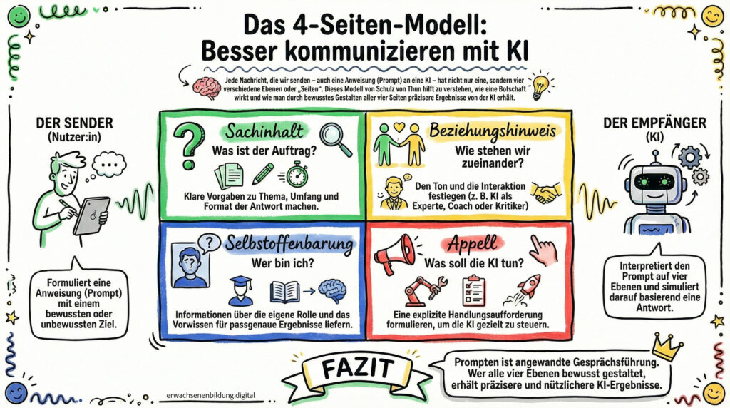 Das 4-Seiten-Modell für bessere Kommunikation mit KI: Sender, Empfänger, Sachinhalt, Selbstoffenbarung, Beziehungshinweis und Appell.
