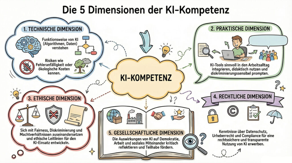 Infografik zu den fünf Dimensionen der KI-Kompetenz: technische, praktische, ethische, rechtliche und gesellschaftliche Aspekte mit kurzen Erklärungen und Symbolen.